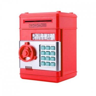 Копилка "Сейф" красная интерактивная, банкомат для денег и монет с замком и купюроприемником