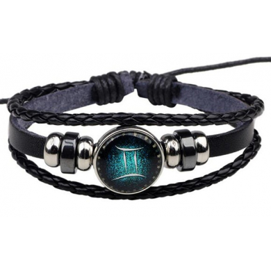 Браслет гороскоп плетенный кожаный женский, мужской зодиак "Бирюзовые Близнецы"