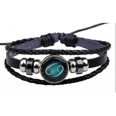 Браслет гороскоп плетенный кожаный женский, мужской зодиак "Бирюзовый Рак"