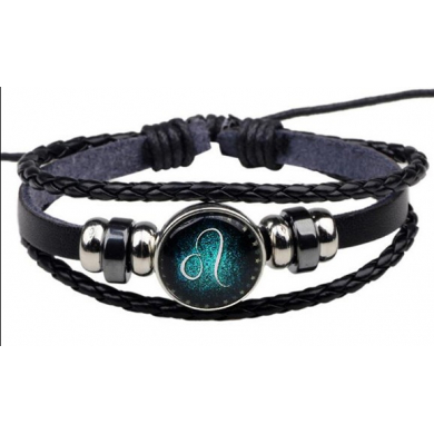 Браслет гороскоп плетенный кожаный женский, мужской зодиак "Бирюзовый Лев"