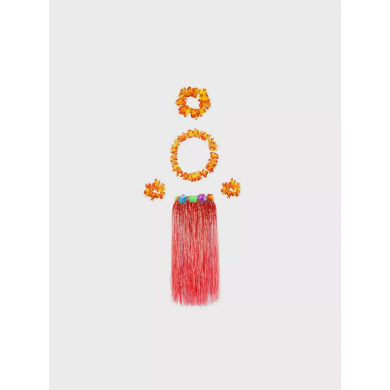 Гавайская юбка длинная красная с цветочками, 80 см, гавайский набор, цвет оранжевый, 4 предмета: ожерелье лея, венок, 2 браслета