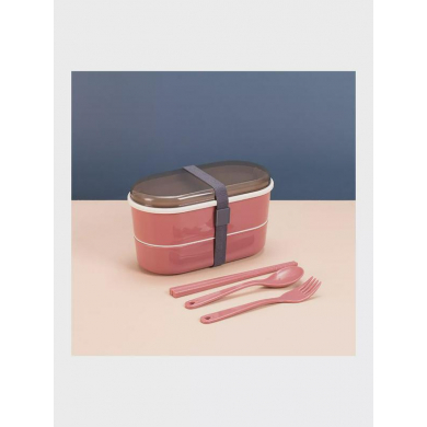 Ланчбокс с двумя отделами, со столовыми приборами, общий объем 700 мл, размер 17,5x9,7x9,2 см, цвет розовый