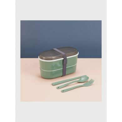 Ланчбокс с двумя отделами, со столовыми приборами, общий объем 700 мл, размер 17,5x9,7x9,2 см, цвет зеленый