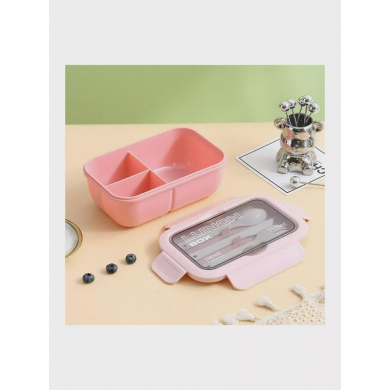 Ланчбокс с тремя отделениями, со столовыми приборами, объем 1100 мл, размер 20,5x13,5x7,5 см, цвет розовый