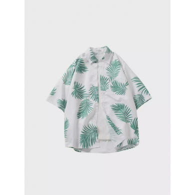 Гавайская рубашка белая летняя листья пальмы оверсайз размер S