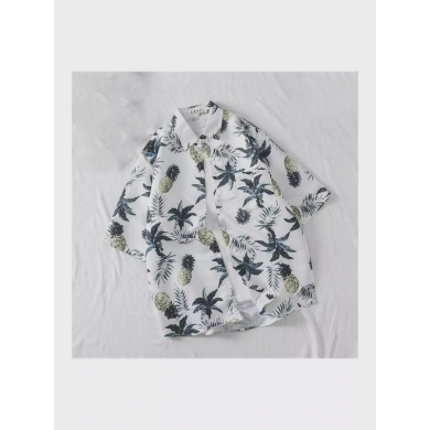 Гавайская рубашка белая летняя ананасы оверсайз размер XS