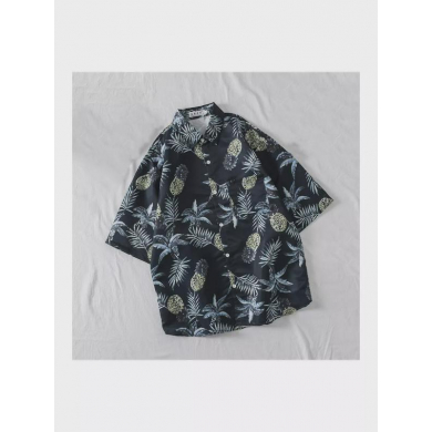 Гавайская рубашка черная синяя летняя ананасы оверсайз размер M