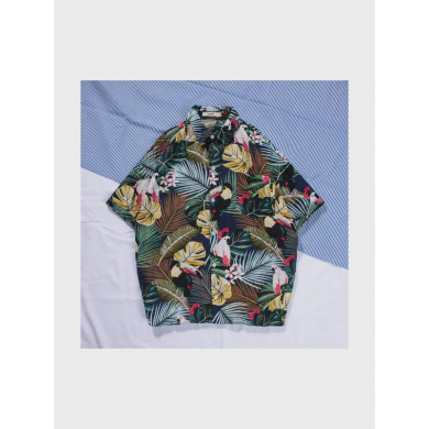 Гавайская рубашка зеленая летняя с пальмами и попугаями размер L