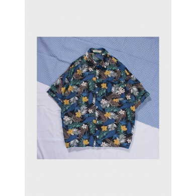 Гавайская рубашка черная синяя летняя цветы оверсайз размер L