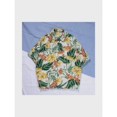 Гавайская рубашка желтая летняя листья цветы оверсайз размер XL