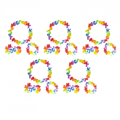 Гавайский набор, цвет оранжевый, красный, желтый, синий: ожерелье лея, венок, 2 браслета (5 наборов в комплекте)