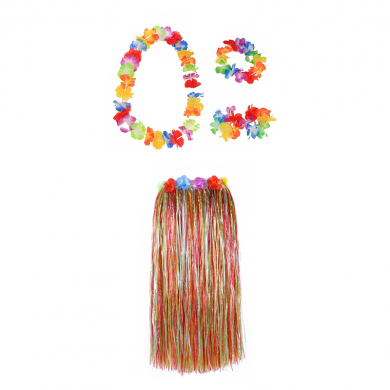 Гавайская юбка разноцветная 80 см, ожерелье лея 96 см, венок, 2 браслета (набор)