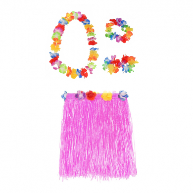 Гавайская юбка розовая 40 см, ожерелье лея 96 см, венок, 2 браслета (набор)