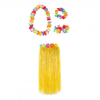 Гавайская юбка желтая 80 см, ожерелье лея 96 см, венок, 2 браслета (набор)