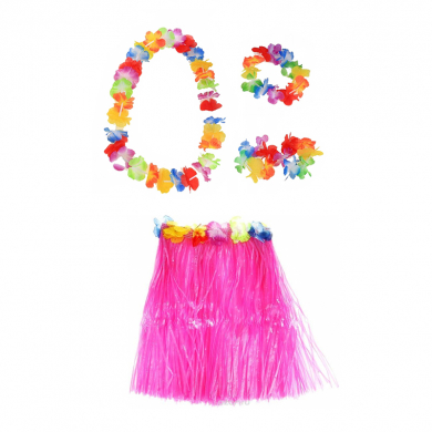 Гавайская юбка розовая 60 см, ожерелье лея 96 см, венок, 2 браслета (набор)