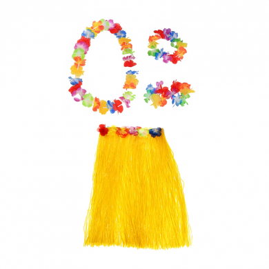 Гавайская юбка желтая 60 см, ожерелье лея 96 см, венок, 2 браслета (набор)