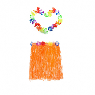 Гавайская юбка 40 см оранжевая, гавайское ожерелье 96 см