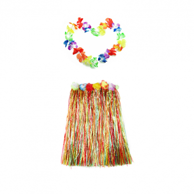Гавайская юбка 60 см, разноцветная с цветочками, гавайское ожерелье 96 см