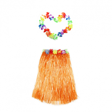 Гавайская юбка 60 см, оранжевая, гавайское ожерелье 96 см