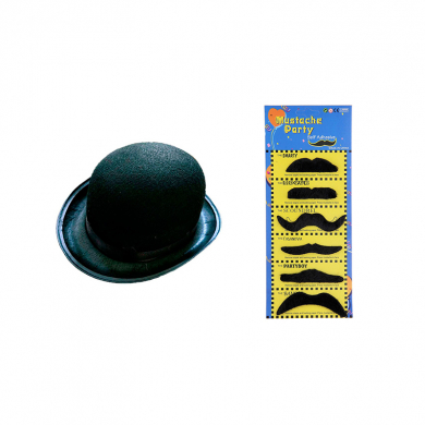Набор шляпа "Котелок" черная фетровая карнавальная взрослая, размер 58, карнавальные усы черные накладные мини, 6 видов