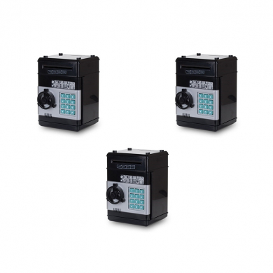 Копилка "Сейф" черная интерактивная, банкомат для денег и монет с замком и купюроприемником (Набор 3 шт.)