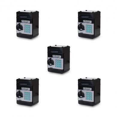 Копилка "Сейф" черная интерактивная, банкомат для денег и монет с замком и купюроприемником (Набор 5 шт.)