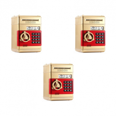 Копилка "Сейф" золотая интерактивная, банкомат золотистый для денег и монет с замком и купюроприемником (Набор 3 шт.)