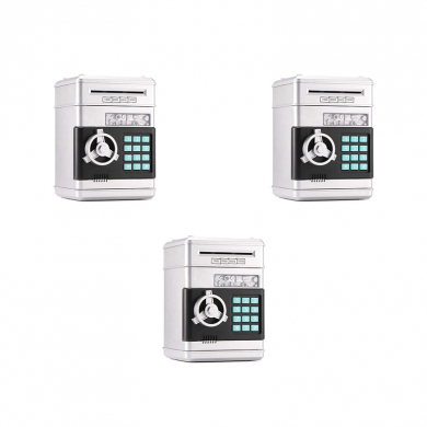 Копилка "Сейф" серебряная интерактивная, банкомат серебристый для денег и монет с замком и купюроприемником (Набор 3 шт.)
