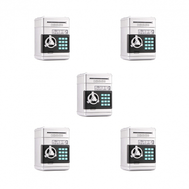 Копилка "Сейф" серебряная интерактивная, банкомат серебристый для денег и монет с замком и купюроприемником (Набор 5 шт.)