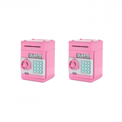 Копилка "Сейф" розовая интерактивная, банкомат для денег и монет с замком и купюроприемником (Набор 2 шт.)