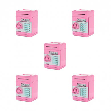 Копилка "Сейф" розовая интерактивная, банкомат для денег и монет с замком и купюроприемником (Набор 5 шт.)