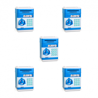 Копилка "Сейф" синяя голубая интерактивная, банкомат для денег и монет с замком и купюроприемником (Набор 5 шт.)