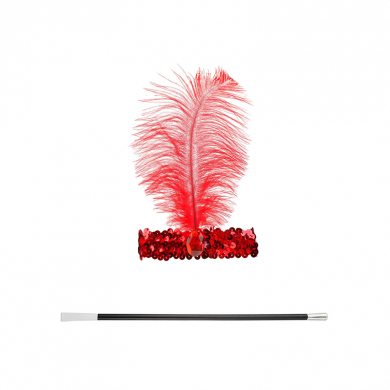 Набор мундштук и повязка красная на голову с пером "Леди Чикаго", гангстерская вечеринка ободок карнавальный, кабаре гэтсби казино гангстеры