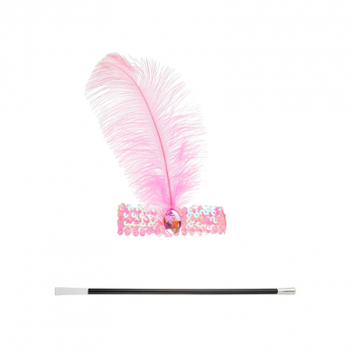 Набор мундштук и повязка розовая на голову с пером "Леди Чикаго", гангстерская вечеринка ободок карнавальный, кабаре гэтсби казино гангстеры