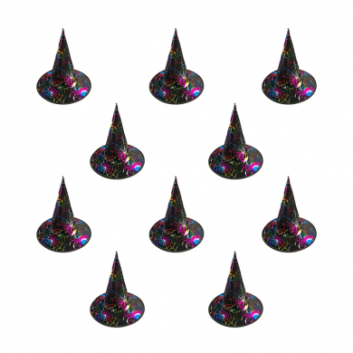Колпак черный "Шляпа хэллоуин", костюм ведьмы, Карнавальный, Гарри Поттер, с разноцветными пауками,  (Набор 10 шт.)