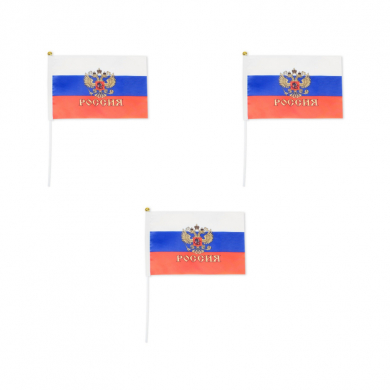 Флаг России с гербом, 14х21 см, шток (28 см), полиэстер (Набор 3 шт.)