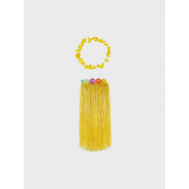 Гавайская юбка длинная желтая с цветочками, 80 см, гавайское ожерелье "Цветочки", цвет желтый