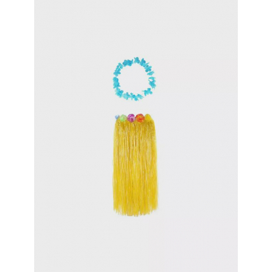 Гавайская юбка длинная желтая с цветочками, 80 см, гавайское ожерелье "Цветочки", цвет голубой