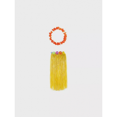 Гавайская юбка длинная желтая с цветочками, 80 см, гавайское ожерелье "Цветочки", цвет оранжевый