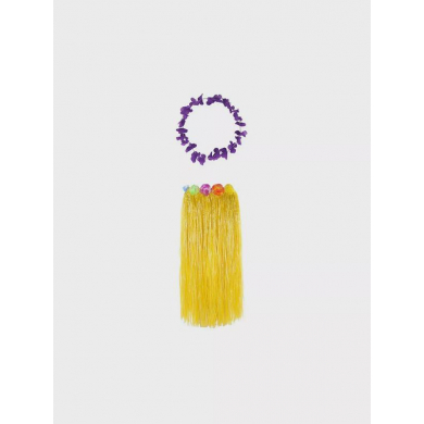 Гавайская юбка длинная желтая с цветочками, 80 см, гавайское ожерелье "Цветочки", цвет фиолетовый