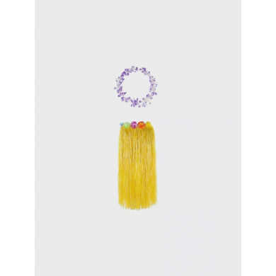 Гавайская юбка длинная желтая с цветочками, 80 см, гавайское ожерелье "Двухцветные цветы", цвет бело-фиолетовый, сиреневый