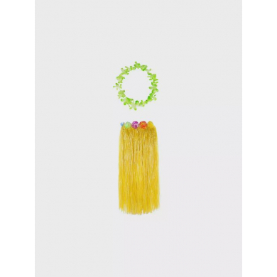 Гавайская юбка длинная желтая с цветочками, 80 см, гавайское ожерелье "Двухцветные цветы", цвет светло-зеленый, салатовый