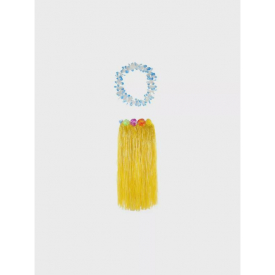 Гавайская юбка длинная желтая с цветочками, 80 см, ожерелье гавайское "Двухцветное", цвет бело-синий-голубой