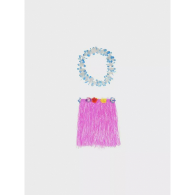 Юбка гавайская 40 см розовая, ожерелье гавайское "Двухцветное", цвет бело-синий-голубой