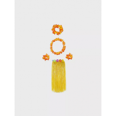 Гавайская юбка длинная желтая с цветочками, 80 см, гавайский набор, цвет оранжевый, 4 предмета: ожерелье лея, венок, 2 браслета