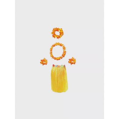 Гавайская юбка желтая, 60 см, гавайский набор, цвет оранжевый, 4 предмета: ожерелье лея, венок, 2 браслета