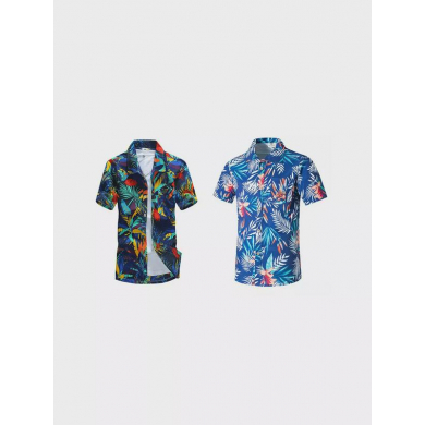 Комплект гавайских рубашек  синие с цветами и пальмами размер L, 2 шт