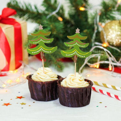 Шпажки пики для канапе новогодние "Елочка с гирляндой Новый Год" цвет зеленый (набор 12 шт)